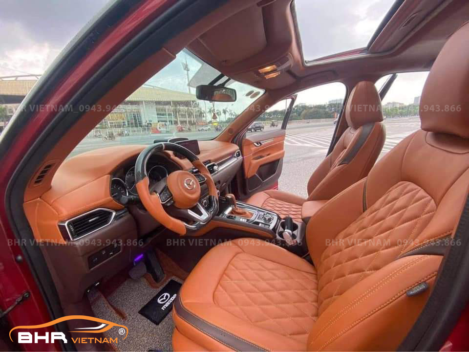 Đổi toàn bộ nội thất ô tô bằng bọc da phối màu cam, đen, sơn gỗ Hyundai Santafe