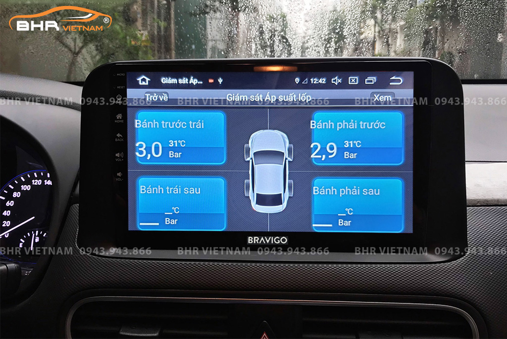 Màn hình DVD Android Bravigo Pro 2 Hyundai Kona 2018 - nay tích hợp cảm biến áp suất lốp