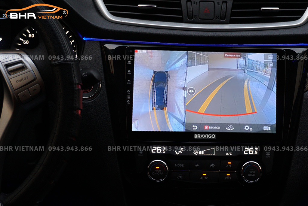 Hình ảnh quan sát từ camera sau trên màn hình DVD Bravigo Ultimate Nissan Xtrail 2017 - nay