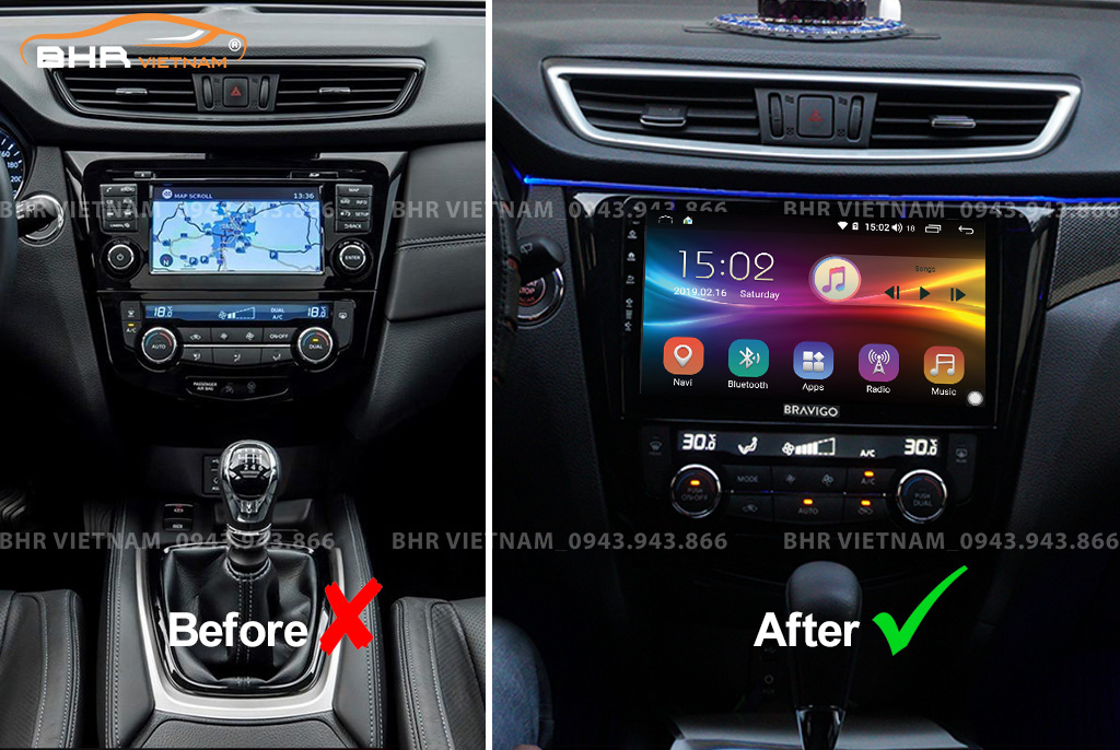 Hình ảnh trước và sau khi lắp màn hình DVD Bravigo Ultimate Nissan Xtrail 2017 - nay