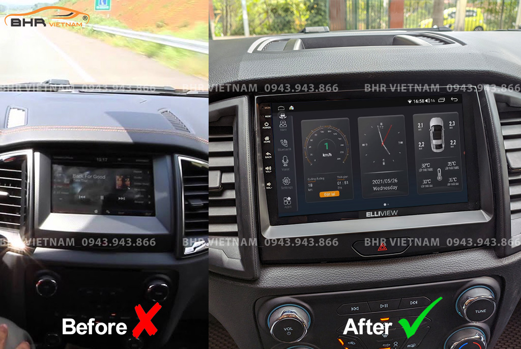 Hình ảnh trước và sau khi lắp màn hình DVD Elliview S4 Deluxe Ford Ranger 2012 - nay