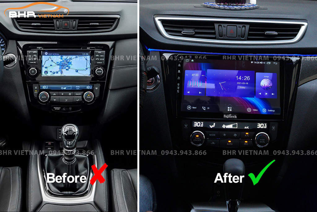 Hình ảnh trước và sau khi lắp Màn hình Android Fujitech 360 Nissan Xtrail 2017 - nay