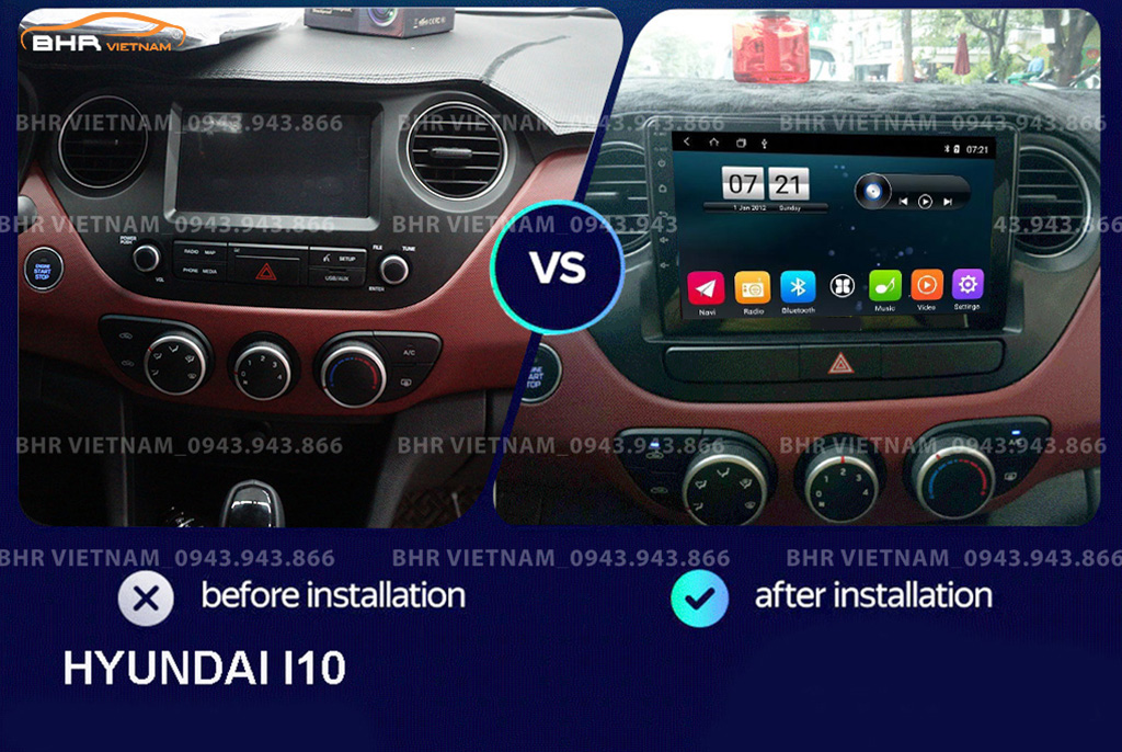 Hình ảnh trước và sau khi lắp Màn hình Android Vitech Hyundai i10 2014 - 2020