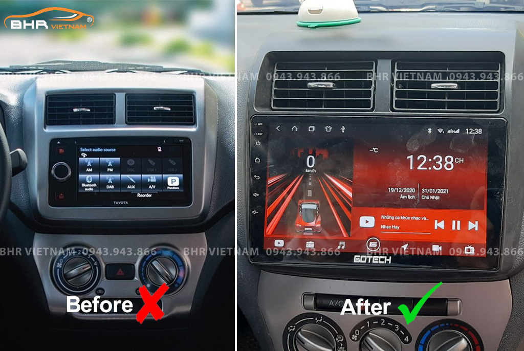 Hình ảnh trước và sau khi lắp màn hình DVD Gotech GT6 New Toyota Wigo 2019 - nay
