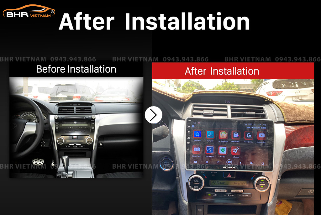 Hình ảnh trước và sau khi lắp màn hình Gotech GT8 Toyota Camry 2012 - 2014