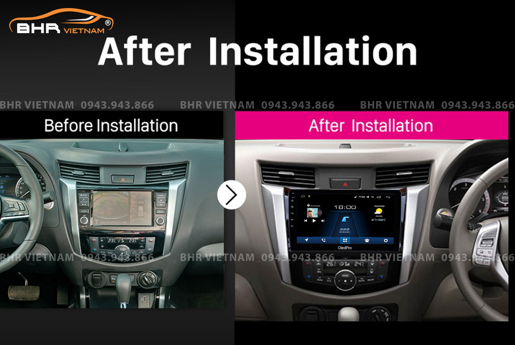 Hình ảnh trước và sau khi lắp màn hình DVD Oled Pro X5S Nissan Navara 2021 - nay