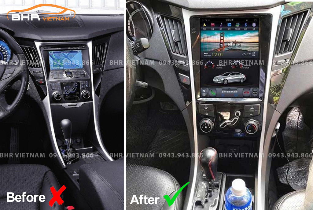 Hình ảnh trước và sau khi lắp màn hình Android Tesla Hyundai Sonata 2009 - 2016
