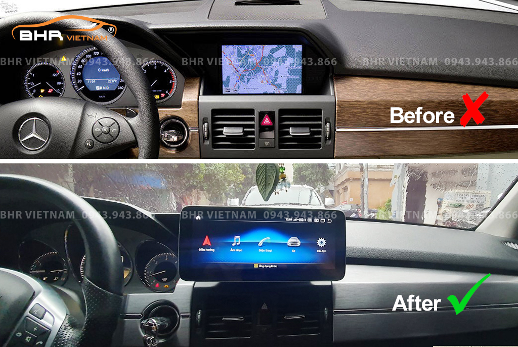 Hình ảnh trước và sau khi lắp màn hình DVD Flycar Mercedes GLK 2008-2015