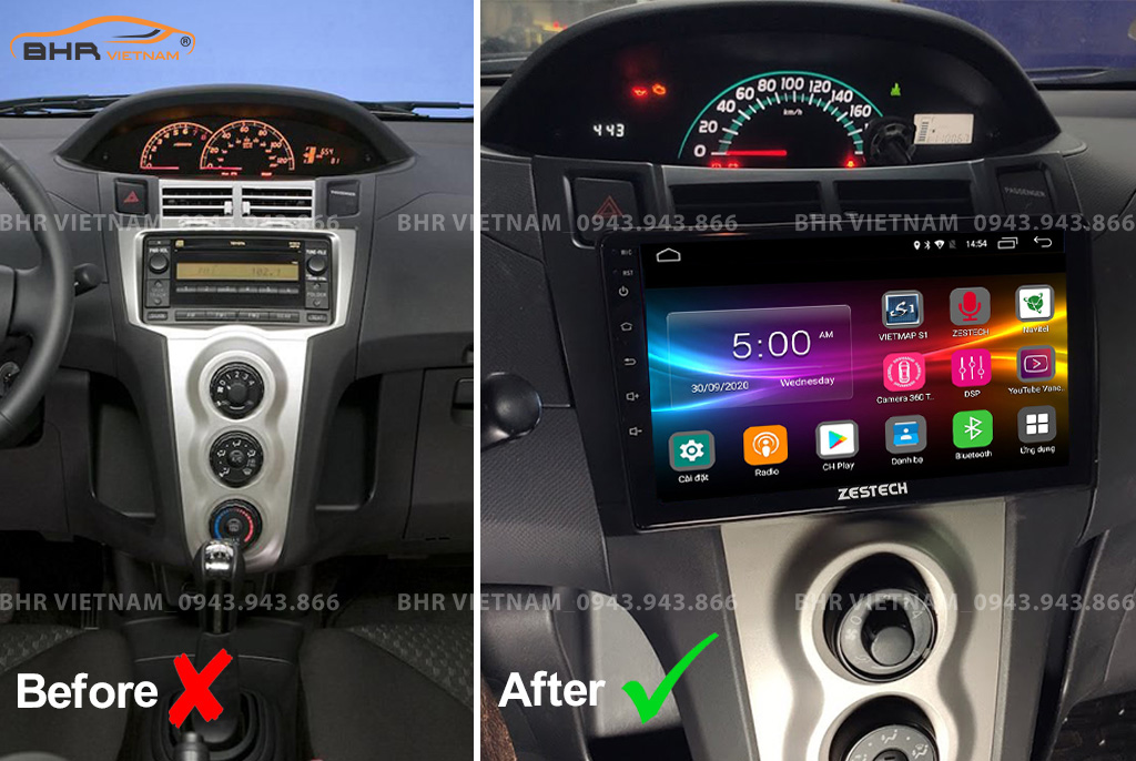 Hình ảnh trước và sau khi lắp màn hình DVD Zestech Z500 Toyota Yaris 2006 - 2013